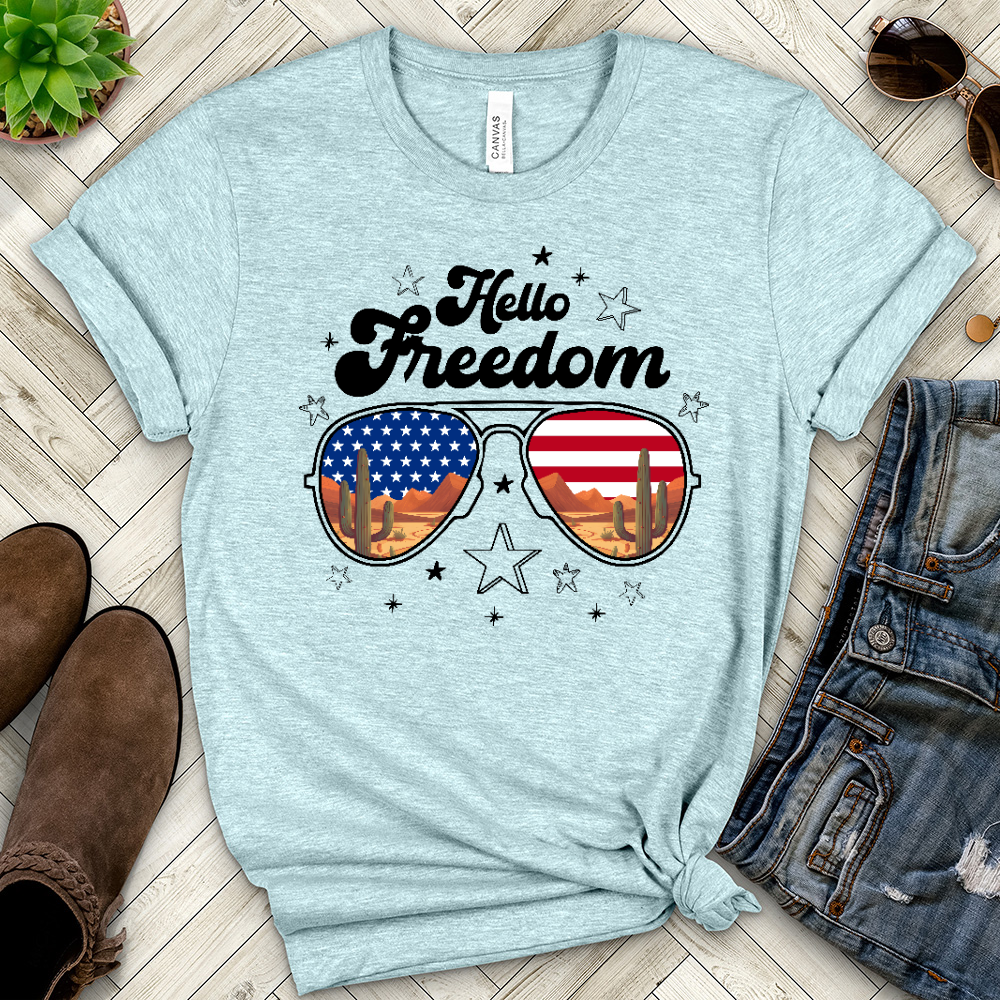 Test of Hello Freedom Heathered Tee