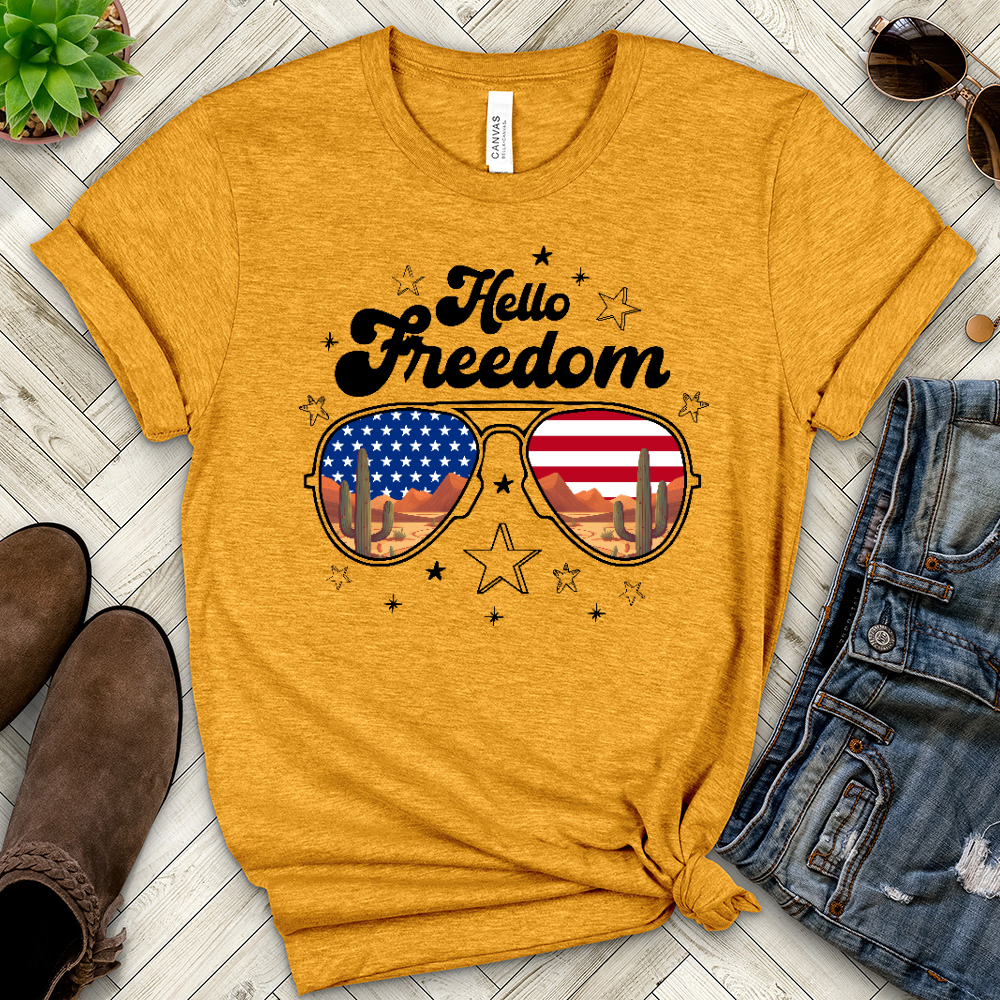 Test of Hello Freedom Heathered Tee